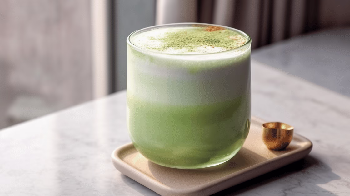 Szklanka matcha latte z delikatną pianką na górze, ustawiona na jasnym marmurowym stole przy oknie, z małą złotą łyżeczką obok na tacy.