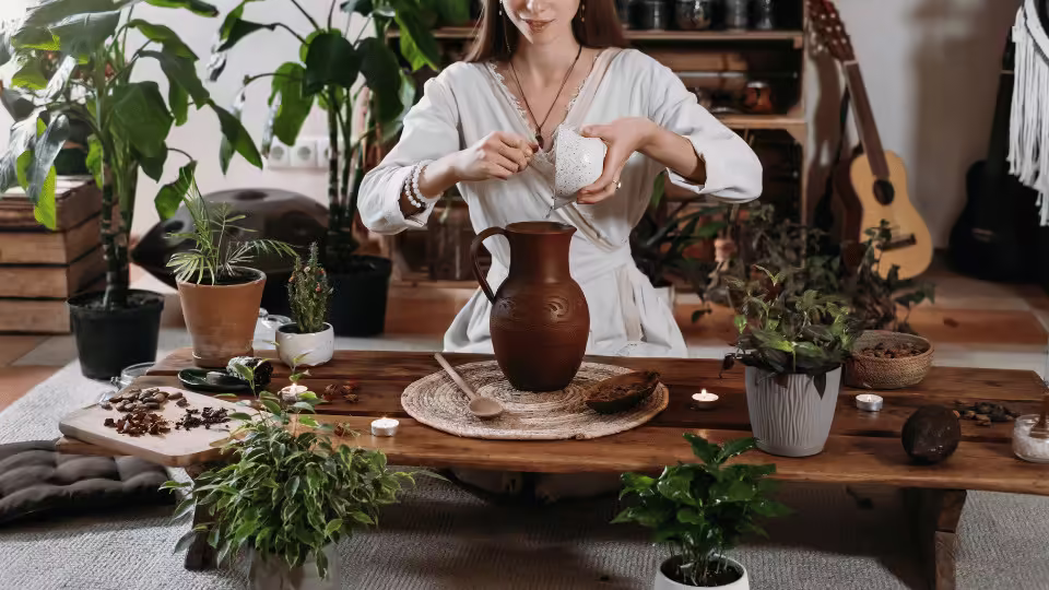 Kobieta przygotowująca ceremonialne kakao w otoczeniu roślin i naturalnych elementów, podkreślających duchowy i holistyczny charakter rytuału.