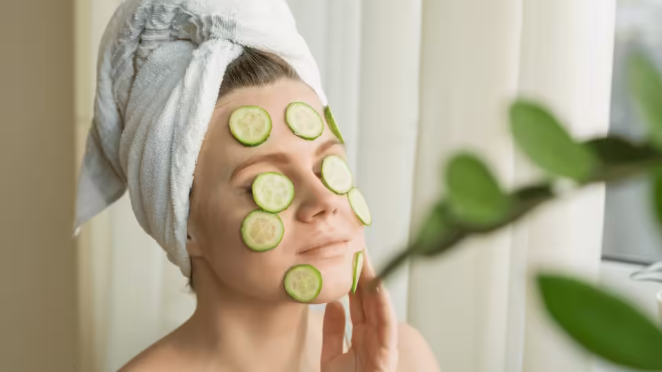 Kobieta relaksująca się z plasterkami ogórka na twarzy, otulona ręcznikiem, w trakcie domowego rytuału pielęgnacyjnego.