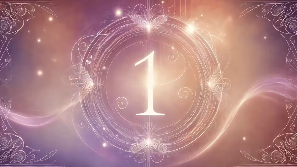 Oto obrazek z numerem "1" w mistycznym i eleganckim stylu, z delikatnymi fioletowymi tonami i subtelnymi, eterycznymi wzorami, który nawiązuje do magii codzienności w ciepłej, spokojnej estetyce.
