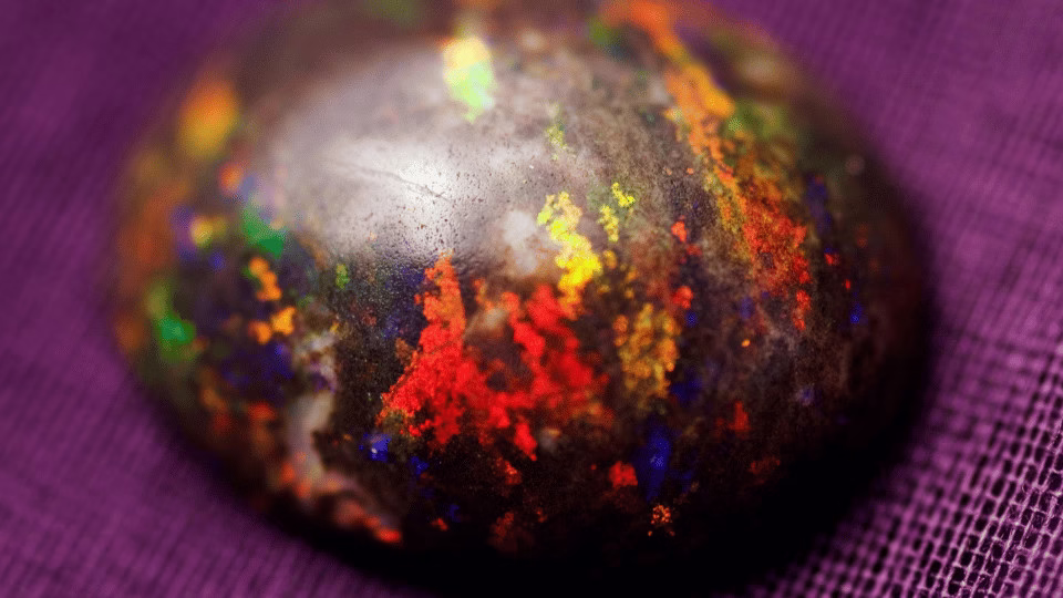 Zbliżenie na czarny opal o intensywnych, wielobarwnych refleksach na ciemnym tle, ukazujący jego unikalne wzory i wyjątkową strukturę.