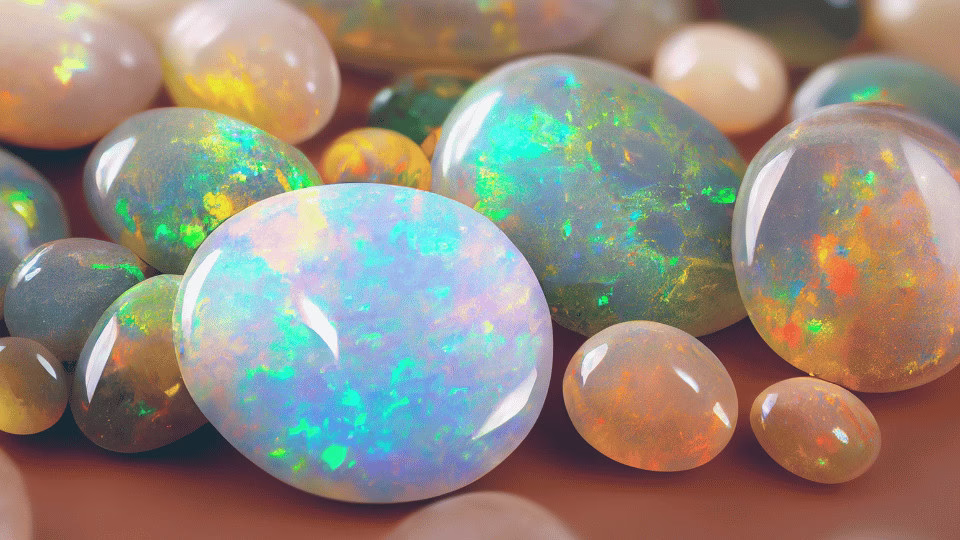 Kolorowe opale o intensywnym połysku, mieniące się barwami zieleni, błękitu, pomarańczy i żółci.