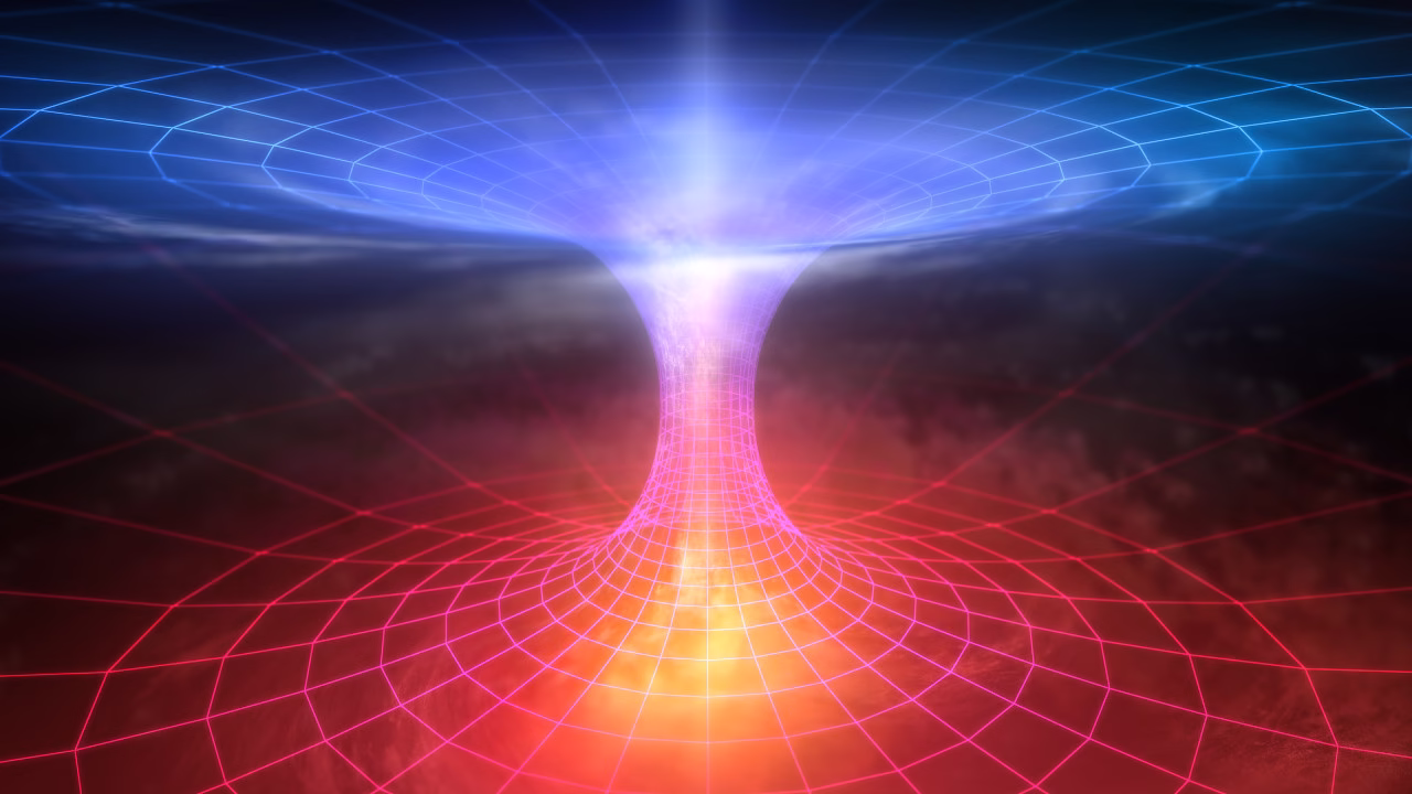 Grafika przedstawiająca koncepcję zakrzywienia czasoprzestrzeni lub portalu energetycznego inspirowanego fizyką kwantową.