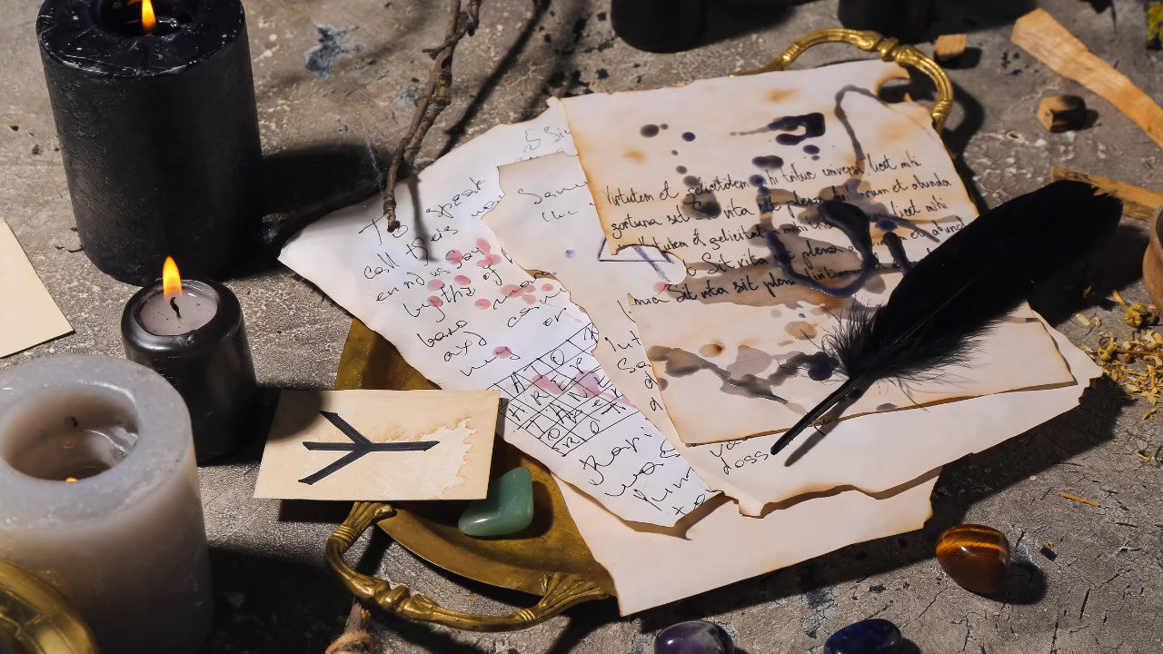 Rytualna scena na stole: zapalone świece, stare rękopisy poplamione atramentem, czarne pióro, runa na kartce oraz rozsypane kamienie i zioła