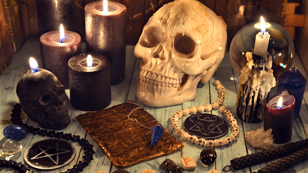 Mistyczny ołtarz do rytuałów magicznych z czarnymi świecami, czaszkami, kryształami, wahadłem i symbolami okultystycznymi ułożonymi na drewnianym stole. Płonące świece tworzą tajemniczą atmosferę sprzyjającą praktykom ezoterycznym i rytuałom ochronnym.